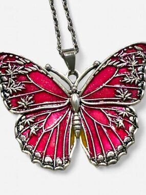 Red Butterfly Pendant Necklace Silver Tone 16" Chain